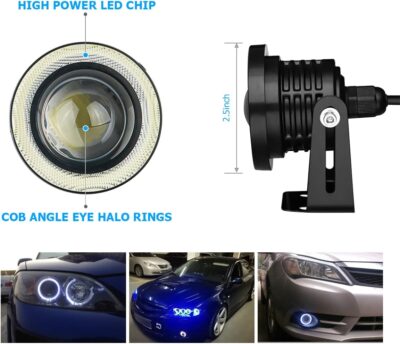 2PCS Car Angel Eye Fog Light, Round COB LED Lamp High Power Bright with White Halo Angel Eye Rings Headlight, Universal Daytime Running Light DRL Car Driving Bulbs Projector (Light Blue) - Image 2