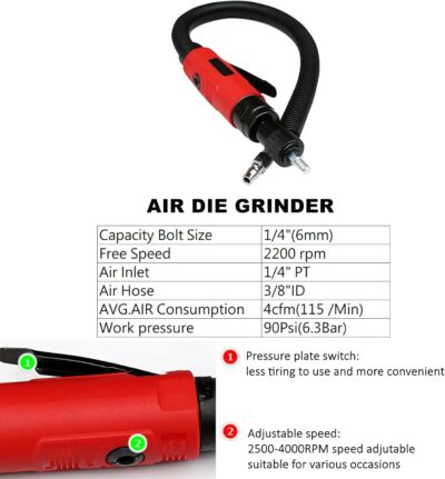 Tire Repair Set with Toolbox, Low Speed 2200rpm Air Tire Grinder and 3/8" Pneumatic Reversible Air Drill, 11 Pcs Tire Patch Tools include Buffing Wheel, Tire Reamer Drill Bit, Manual Tool Set - Image 4