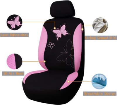 Flying Banner Butterfly car seat Covers ful Set Fashion Universal Lady Woman Female Rear Bench Split Colorized (Pink, Full Set - Lace) - Image 2