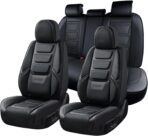 Coverado Car Seat Covers Full Set, Seat Covers for Cars, Front Seat Covers and Back Seat Cover Waterproof Leather Automotive Seat Cover, Universal Car Interior Protectors Cushion for Most Cars Black