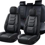 Coverado Car Seat Covers Full Set, Seat Covers for Cars, Front Seat Covers and Back Seat Cover Waterproof Leather Automotive Seat Cover, Universal Car Interior Protectors Cushion for Most Cars Black