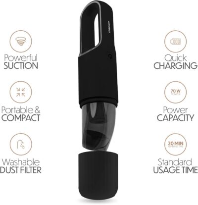 STARUMENT Portable Hand Vacuum Cleaner Handheld Cordless Cleaner for Dust Pet Hair Dirt Home Car Interior Lightweight, Easy to Use, Compact Design Battery Rechargeable with USB-C Cable - Black - Image 3