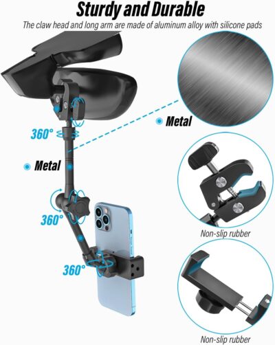 Rearview Mirror Phone Holder for Car - [Metal Arm Clip] Cell Phone Holders for Your Car Mount Automobile Hands Free Cradle Rear View Mirror for iPhone Air 17 16 15 14 13 Pro Max, Galaxy, 4-7" Phones - Image 3
