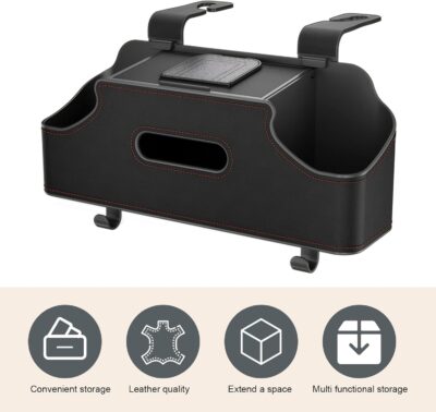 1 PC Car Seat Back Organizer, Car Back Seat Multi-Function Storage Box with 2 Drink Cup Holders, 11.42" x 3.35" Leather Tissue Organizer, Universal for Most Cars, Trucks, SUVs (Black) - Image 4