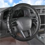 Car Steering Wheel Cover, 15 inch Elastic PU Leather Non-Slip Vehicle Steering Wheel Protector, Breathable Automotive Interior Accessories, Universal for SUV, Truck, RV (Black)