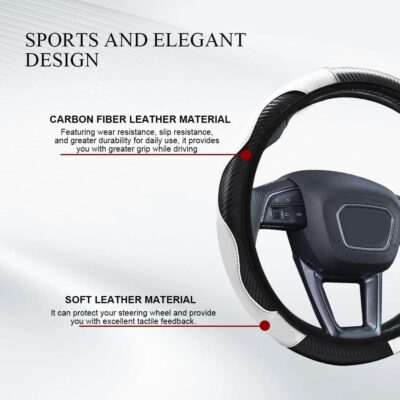 Car Steering Wheel Cover, Non-Slip Car Wheel Cover Protector, 15 inch Carbon Fiber Microfiber PU Leather Elastic Steering Wheel Protector for Men Women, Universal Auto Accessories (White) - Image 4