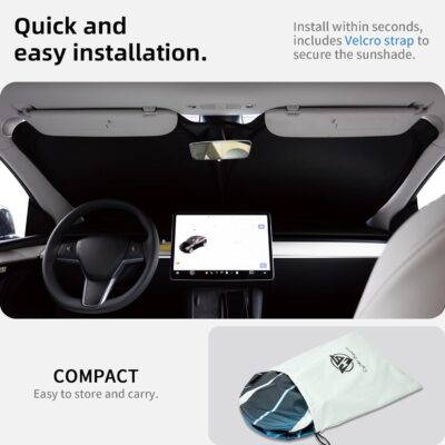 Ludicrous Sunshade for Tesla Model S/3/X/Y Front Windshield Sun Shade Accessories Juniper/Highland Foldable Car Window Sun Blocker with Organizer Bag,Triple-Coated Triple Layer - Image 4