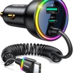Rocoren 70W Car Charger for iPhone 17 Pro Max, USB C Car Charger Fast Charging with 5.2Ft Type C Coiled Cable, Super Fast USBC Phone Cigarette Lighter Adapter for iPhone 17/16/15, iPad,Samsung,Android