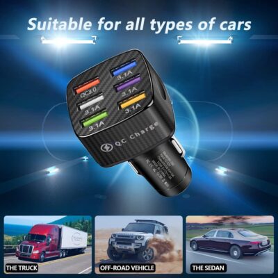 Fast Charging 6 Ports Car Phone Charger Adapter,QC3.0/3.1A Type Smart Shunt Cigarette Lighter USB Charger Compatible with iPhone 14 13 12,S22 S21 S20,iPad Pro& All Mobil Phone (Black) - Image 3