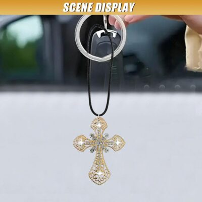 Bling Cross Car Hanging Ornament, Crystal Rhinestone Car Rear View Mirror Charm, Diamond Mirror Pendant, Universal Vehicle Interior Decoration Accessories for Men/Women Present (Gold) - Image 6