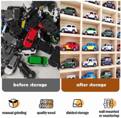 Wood Toy Car Display Rack, Holds 42 Diecast Cars Model Car Display Case 1/64 Scale Toy Cars Organizer Freestanding or Wall-Mounted Toy Car Storage Cabinet - Image 5