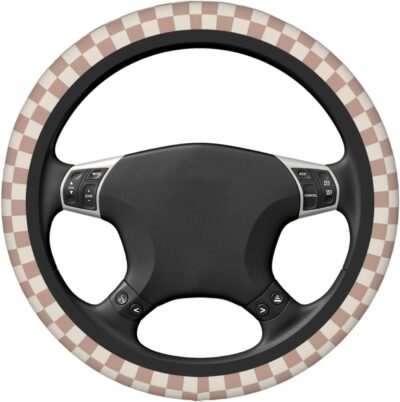 Khaki Checkered Steering Wheel Cover for Women,Universal Auto Steering Wheel 14-15 Inch Car Interior Accessories with 2PCS Car Coasters,Suitable for Men and Women - Image 5