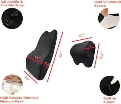 Tektrum Orthopedic Entire Back Support Full Lumbar Cushion for Car & Headrest Neck Pillow Kit - Ergonomic Thick 3D Design Fit Body Curve - Back, Neck Pain Relief, Improve Posture -Black (012011-A) - Image 2