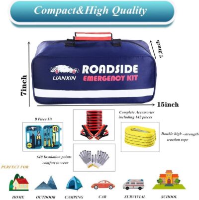 Roadside Assistance Emergency Kit - Car Emergency Kit with Jumper Cables (Upgraded) Emergency Roadside Kit for Car 142 Pieces Car Safety Kits,Tow Strap,Tool Kit,Reflective Warning Triangle - Image 5