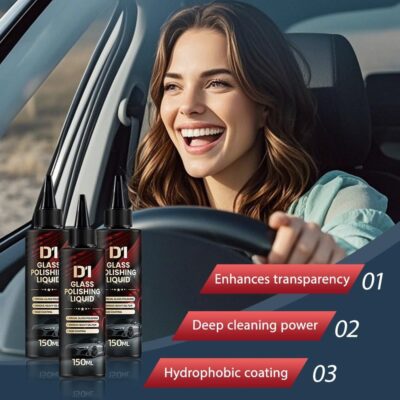D1 Glass Polishing Liquid, 2025 New Car Glass Oil Film Remover and Auto Scratch Repair Compound, Car Glasses Polishing Compound, Anti-Fog Hydrophobic Coating Spray with Sponge (black-1pcs) - Image 3