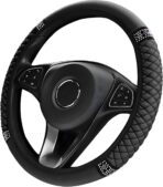 Bling Soft Leather Steering Wheel Cover, 14.5-15 Inch Sparkly Rhinestones Non-Slip Car Steering Wheel Protector, Elastic Auto Steering Wheel Cover Interior for Women Girls (Black)