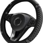 Bling Soft Leather Steering Wheel Cover, 14.5-15 Inch Sparkly Rhinestones Non-Slip Car Steering Wheel Protector, Elastic Auto Steering Wheel Cover Interior for Women Girls (Black)