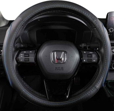 EKR Universal 15 inch Leather Steering Wheel Cover - Genuine Leather, Breathable, Anti Slip & Odor Free (Black with Blue Lines, M(14" 1/2-15" 1/4)) - Image 4