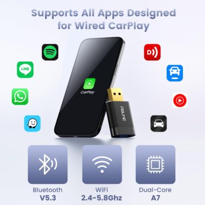 Mini Wireless CarPlay Adapter for iPhone, 2 in 1 CarPlay and Android Auto Adapter, Wired to Wireless, Plug & Play, Seamless Car Connectivity, Compact in-Dash navi & ent, Black - Image 3