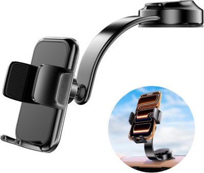 Car Dashboard Phone Holder for Windshield - Tesla Touch Screen Phone Mount with 360° Adjustable Aluminum Arm & Nano Adhesive Base for iPhone 17 Pro Max and All 4-7inch Smartphone (Black) - Image 7