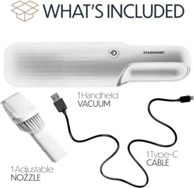STARUMENT Portable Hand Vacuum Cleaner Handheld Cordless Cleaner for Dust Pet Hair Dirt, Home, Car Interior, Lightweight, Easy to Use, Compact Design Battery Rechargeable with USB-C Cable White - Image 2