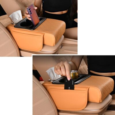 Car Armrest Cushion,5-in-1 Center Console Cover with 2 Storage Bags Cup Holder, Tissue Box Slot, Phone Slot for Sedans, Car Accessories Interior Organizers (Black red) - Image 7