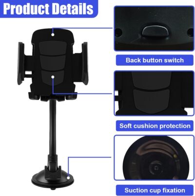Car Phone Holder Mount, Gooseneck Long Arm Cell Phone Holder, Windshield Window, Dashboard Anti-Shake Handsfree Stand with Strong Suction Cup, Fit for Most Cellphone(Black) - Image 3