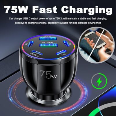 6 Port Car Charger USB C & USB A,75W Ultra-Fast Car Charger Adapter with Super/PD30W/PD/3.1A,Universal 12V/24V Cars Lighter USBs Adapter Cars Ports Chargers for Phone,Tablet - Image 3