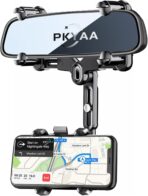 PKYAA Rearview Mirror Phone Holder for Car, 360° Rotating Rear View Mount with Adjustable Arm Length, Upgraded Four Corners Fixed Anti-Shake Multifunctional Design for All Smartphones