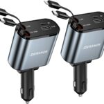 [2 Pack] Retractable Car Charger 4 in 1 Fast Car Phone Charger 69W, USB C Car Truck Accessories Adapter with 2X Retractable Charger Cords and 2X USB Ports for i Phone 17/16/15/14, for Samsung S25/S24