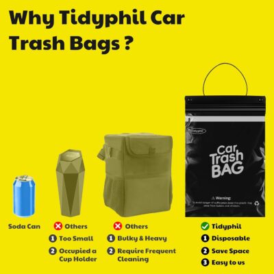 50 Bags Tidyphil Hanging Car Trash Bags Disposable, Leak-proof, Odor Seal. 2 Gallon Car Garbage Bags. Alternative to Car Trash Can, Easy Stick-On Car Garbage Can for Car,SUV, Truck, Vehicle, Stroller. - Image 3