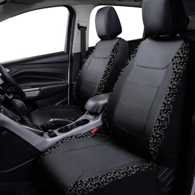 Flying Banner Carbon Fiber Leather Vehicle Seat Covers, Leopard Gray Black, Universal Fit - 8PCS - Image 2