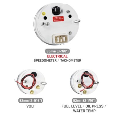 RACETECH Classic 6 Gauge Set - 85mm 3-3/8" Electrical Speedometer Tachometer - 52mm 2-1/16" Voltage Fuel Level Water Temperature Oil Pressure - 140MPH 240-33 Ohm - Black Dial White Needle - Image 5