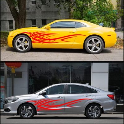 2Pcs 94.4'' Universal Flame Graphics Car Auto Body Side Sticker Racing Sports Self-Adhesive Side Strip Decal Decoration Accessories for Truck SUV Off-Road Vehicles (Style2 Red) - Image 4