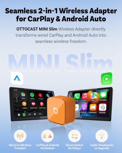 OTTOCAST 2026 New Mini Slim Orange, 2-in-1 Wireless CarPlay Adapter & Android Auto Adapter, Plug & Play Wireless Carplay Dongle, 5s Auto-Connect, Mini Cube for Factory Wired Cars, iPhone & Android - Image 2