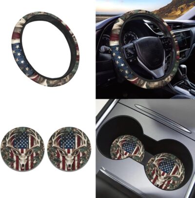 SEANATIVE Universal Fit Car Neoprene Steering Wheel Cover American Flag with Camo Deer Pattern 14-15 Inch Anti-Slip Wheel Protector for SUV Sedan Vans Trucks - Image 2