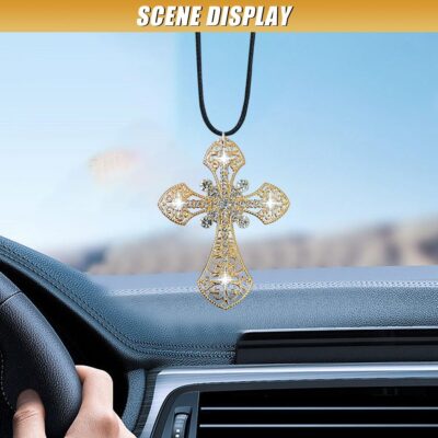 Bling Cross Car Hanging Ornament, Crystal Rhinestone Car Rear View Mirror Charm, Diamond Mirror Pendant, Universal Vehicle Interior Decoration Accessories for Men/Women Present (Gold) - Image 5
