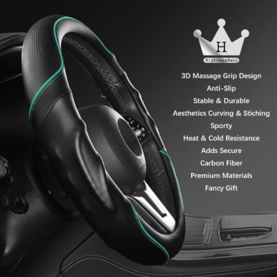 HighnessHwoo 3D Car Steering Wheel Cover Comfort Grip Massage Sporty Anti-Slip Carbon Fiber Faux Leather for F150, Trucks, Jeep, Van, Car Handle Covers for All Seasons, 15.2-16in, Green - Image 4