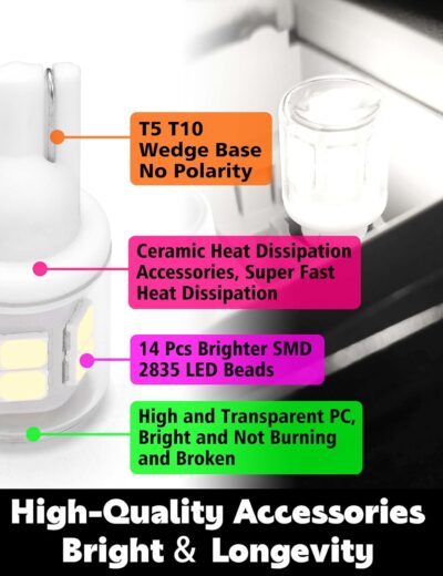 T10 194 168 LED Dome Light Bulbs, 300lm 6000K White Super Bright 2825 W5W LED Interior Bulbs, 3w AC/DC12V-24V T10 Wedge for RV Car Dome Map Door Courtesy Trunk License Plate Light, Non-Dimmable, 2pcs - Image 4