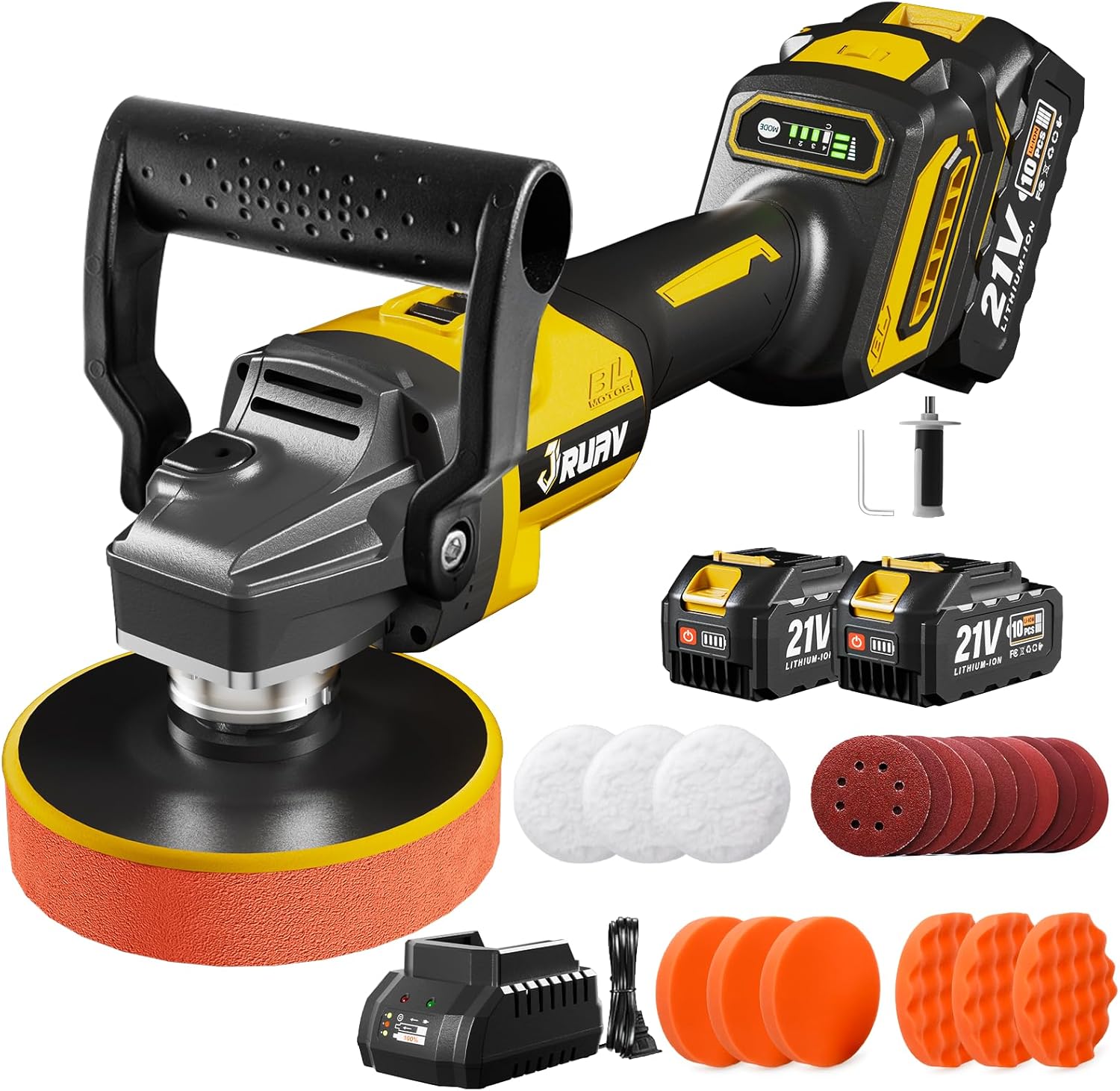 71-breBzkhL._AC_SL1500_.jpg Cordless Buffer Polisher for Car Detailing,7230 RPM Car Buffer Polisher,21V 4.0Ah Li-ion Battery,Cordless Polisher With 29 PCS Car Detailing Kit,for Polishing, Waxing, Boat Sanding, Scratch Removing - Image 1