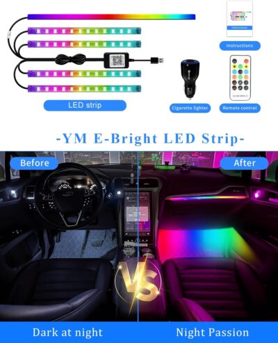 YM E-Bright 5 in 1 Car Interior Led Light Kit，Dreamcolor Acrylic Neon Interior Car LED Strip Lights，Dash Footwell Multicolor with Music Sync Mode and DIY Mode - Image 4