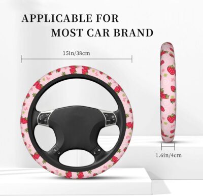 Pink Strawberry Steering Wheel Cover for Women, Universal Auto Steering Wheel 14-15 Inch Car Interior Accessories with 2PCS Car Coasters, Suitable for Men and Women - Image 3