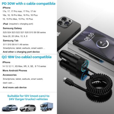 for iPhone 16e 17e 17 Pro Max Air, Fast Car Charger Adapter for iPhone 16e, 16, 16 Pro Max, 16 Plus, 15 Series, USB C Vehicle Phone Auto Automobile Plug with 2.8FT Coiled Cable Cord Fast Charging - Image 5