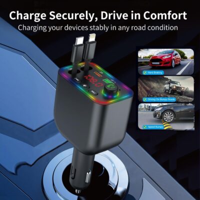 Vitog Retractable Car Charger, Wireless Bluetooth 5.3 FM Transmitter 100W USB C 4 in 1 Fast Car Charger Adapter,iPhone 16 Fast Charging-for iPhone 16 15 14 13 12 Android - Image 5