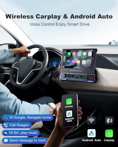 2026 Single Din Car Stereo with Wireless Apple CarPlay & Android Auto, 7-inch HD Motorized Flip Out Touchscreen Head Unit, Upgrade Type-C Fast Charge/USB/Bluetooth 5.1/DSP/AM/FM Radio Receiver - Image 4