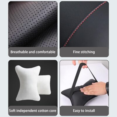 Car Pillow for Car Neck Pillow for Driving Seat Leather Neck Support Soft Cushion Back Support Head-Rests for Vehicle Sleeping with Elastic Adjustment Strap 2PCS (Neck, Red) - Image 5