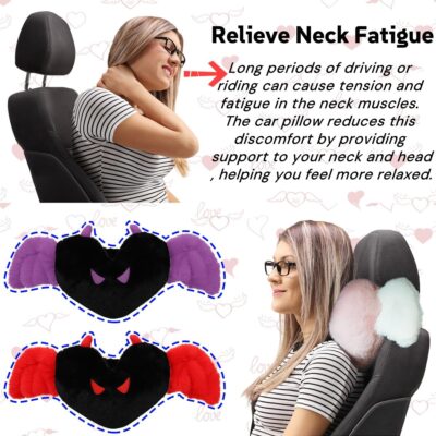 Sexysamba 2 Pcs Heart Shaped Car Headrest Pillow Devil & Angel Wings Neck Pillow Cute Car Seat Decor Neck Support Cushions for Travel Sleeping, Driving, Home, Office, Purple Devil - Image 3
