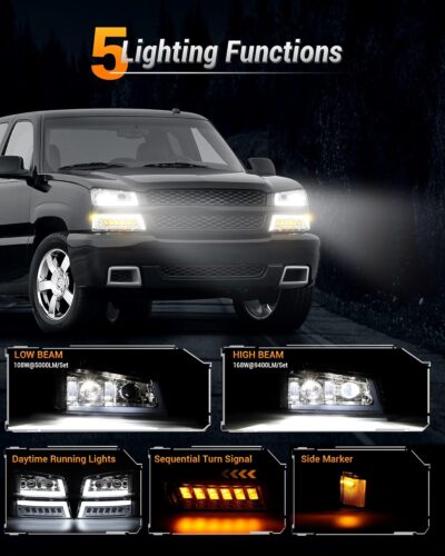 Z-OFFROAD LED Headlights Assembly DOT Approved with DRL Turn Signal Hi/Low Sealed Beam Compatible with 03-06 Chevy Silverado Avalanche (Sequential Turn Signal + Clear Side Marker) - Chrome - Image 6