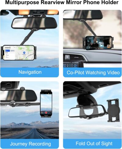 Car Rearview Mirror Phone Holder [360°Rotatable & Retractable] Rear View Mirror Phone Mount Clip, Phone Holders for Your Car Accessories, for iPhone Air 17 Pro Max 16 15 14 13 12, S25, All Smartphones - Image 2