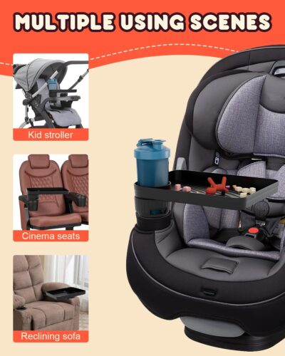 SEVEN SPARTA Car Seat Tray for Kids Toddler Travel with Soft Rubber Base, Rotatable and Removable Cup Holder Snack Tray for Food Color and Play for Family Road Trip Essentials (1, Standard Base) - Image 6